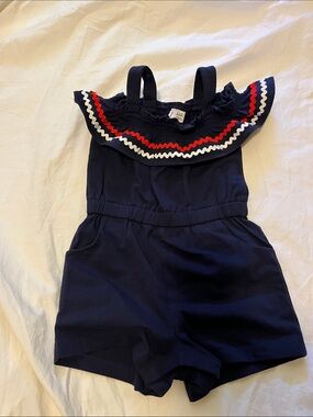 Janie and Jack Navy Romper with Red & White Rickrack Trim - 12-18 months